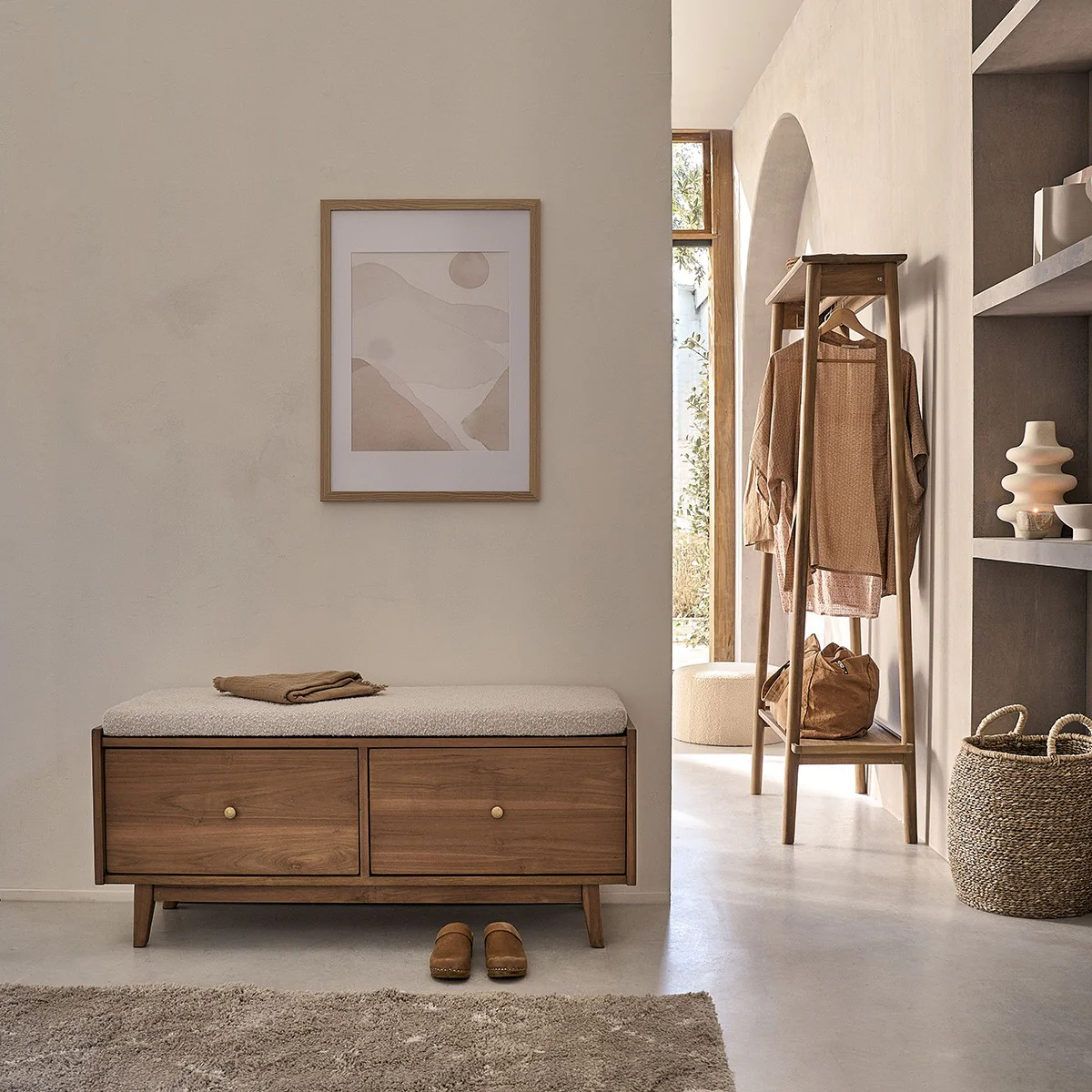 Banc en teck massif et tissu bouclette 120 cm - Image 8