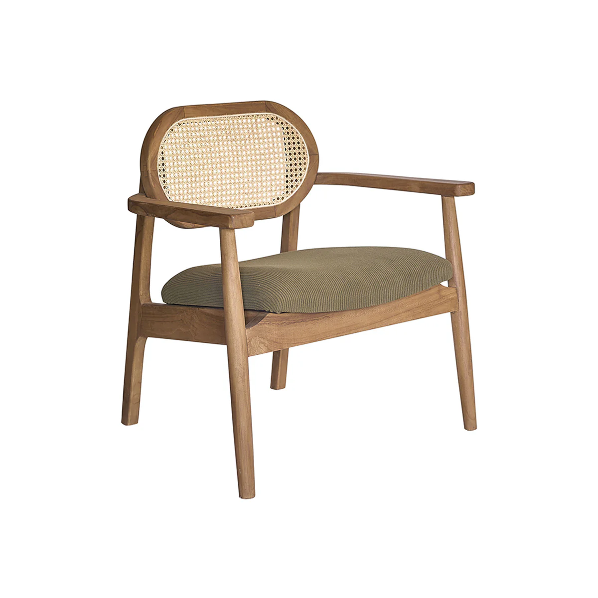 Fauteuil en teck massif, cannage et tissu velours côtelé kaki - Image 2