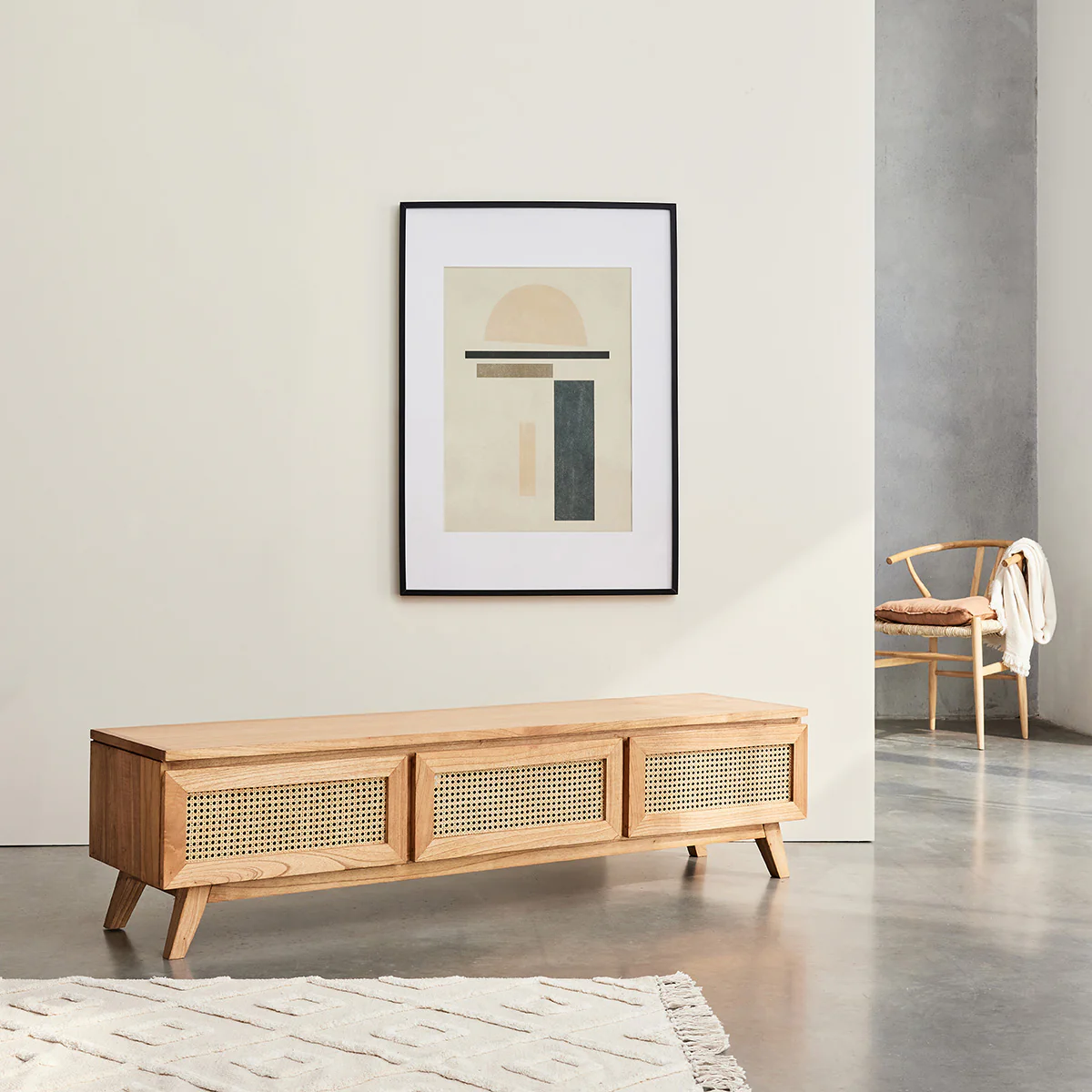 Meuble TV en mindi massif et cannage 160 cm - Image 3