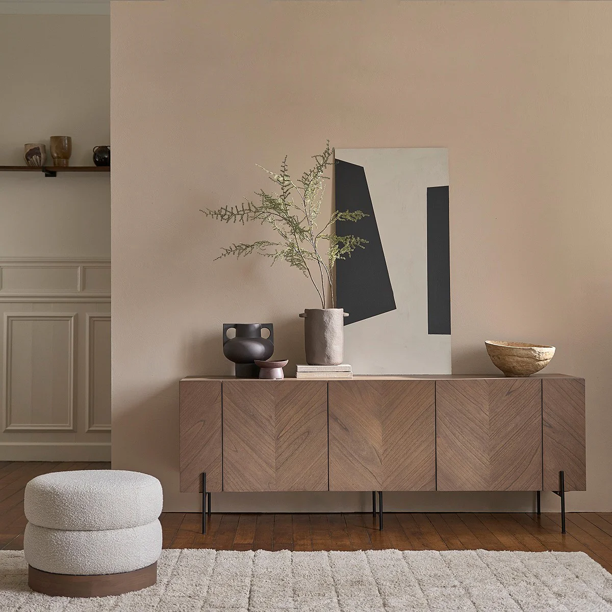 Pouf en mindi massif et tissu bouclette blanc Ø55 cm - Image 6